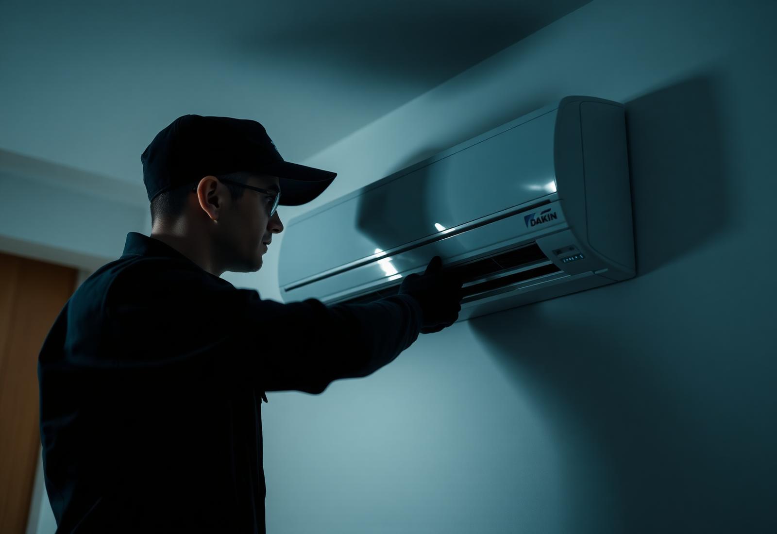 Hall HVAC engineer installing a Daikin air conditioning unit